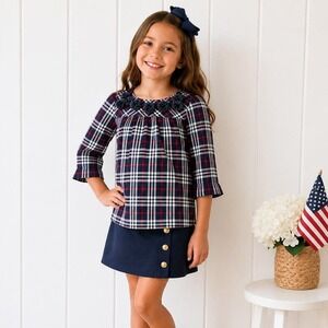 Crewcuts J.Crew Girls Size 8 Plaid Pom-Pom Top Navy Red White 4th of July Blouse
